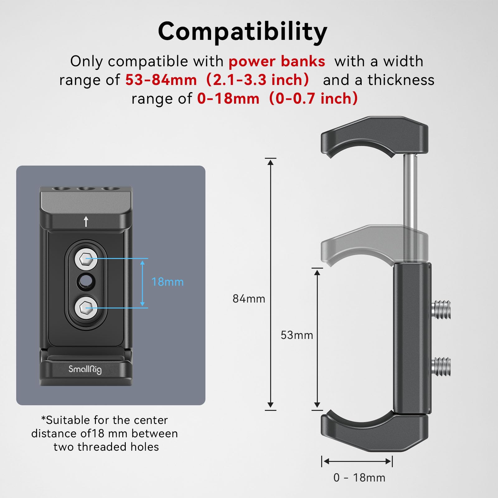 SmallRig Aluminum Power Bank Holder, Powerbank Mount Clamp Compatible with Width Range: 53 mm–84 mm (2.1–3.3 inches) and Thickness Range: 0 mm–18 mm (0–0.7 inch) Power Banks - BUB2336