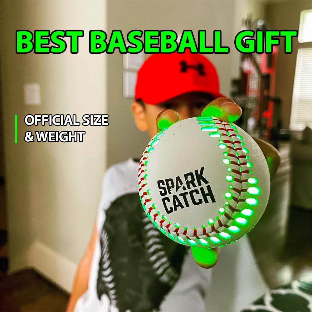 SPARK CATCH Light Up Baseball, Glow in The Dark Baseball, Sports Gear Accessories Gifts for Boys 8 9 10 11 12 13 14 15 Years Old, Kids Teens All Ages Gift Ideas (Impact-Activated version) (Neon Green)