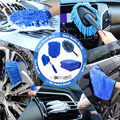 62'' Car Wash Brush Kit Mitt Mop Sponge with Long Handle, 1 Chenille Scratch-Free Replacement Head, Car Wheel Tire Brush, Car Detailing Brushes,Car Dash Duster,Tower,Car Cleaning Kit for Cars RV Truck