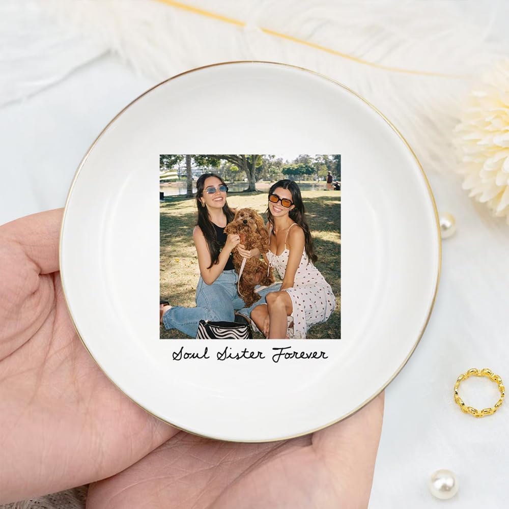POPPOP Custom Besties Photo Ring Dish, Personalized Jewelry Tray for Best Friends, Soul Sister Gift, Birthday Gift for Besties, Custom Photo Ornament