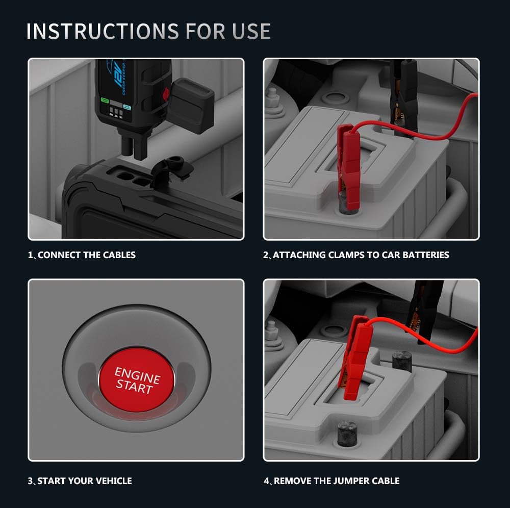 Car Battery Jump Starter 1000A: Portable Jump Start Smart Jumper Cable 12V Battery Jumper Starter for 5.0L Gas & 3.5L Diesel Jump Start Battery Pack Multiple Emergency Kit with LED & Safety Protection