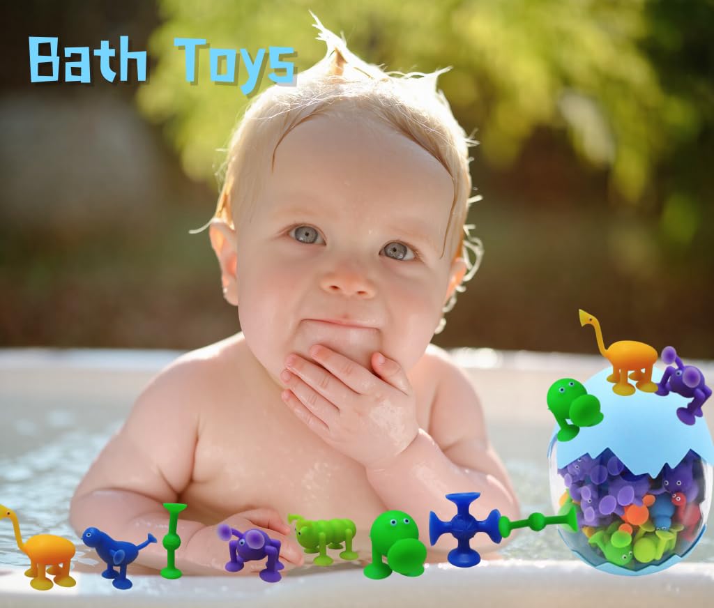 Carastora 38-Piece Suction Bath Toys – Silicone Mold-Free Sensory Toys with Storage Box & Eggshell, for Kids Ages 3-6