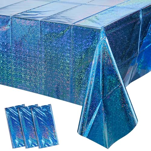 3 Pack Iridescent Blue Plastic Tablecloth, FunnyPars Shiny Disposable Laser Rectangle Table Cover, Holographic Foil Tablecloth Iridescent Party Decorations for Birthday Wedding Ocean Theme, 54x108Inch