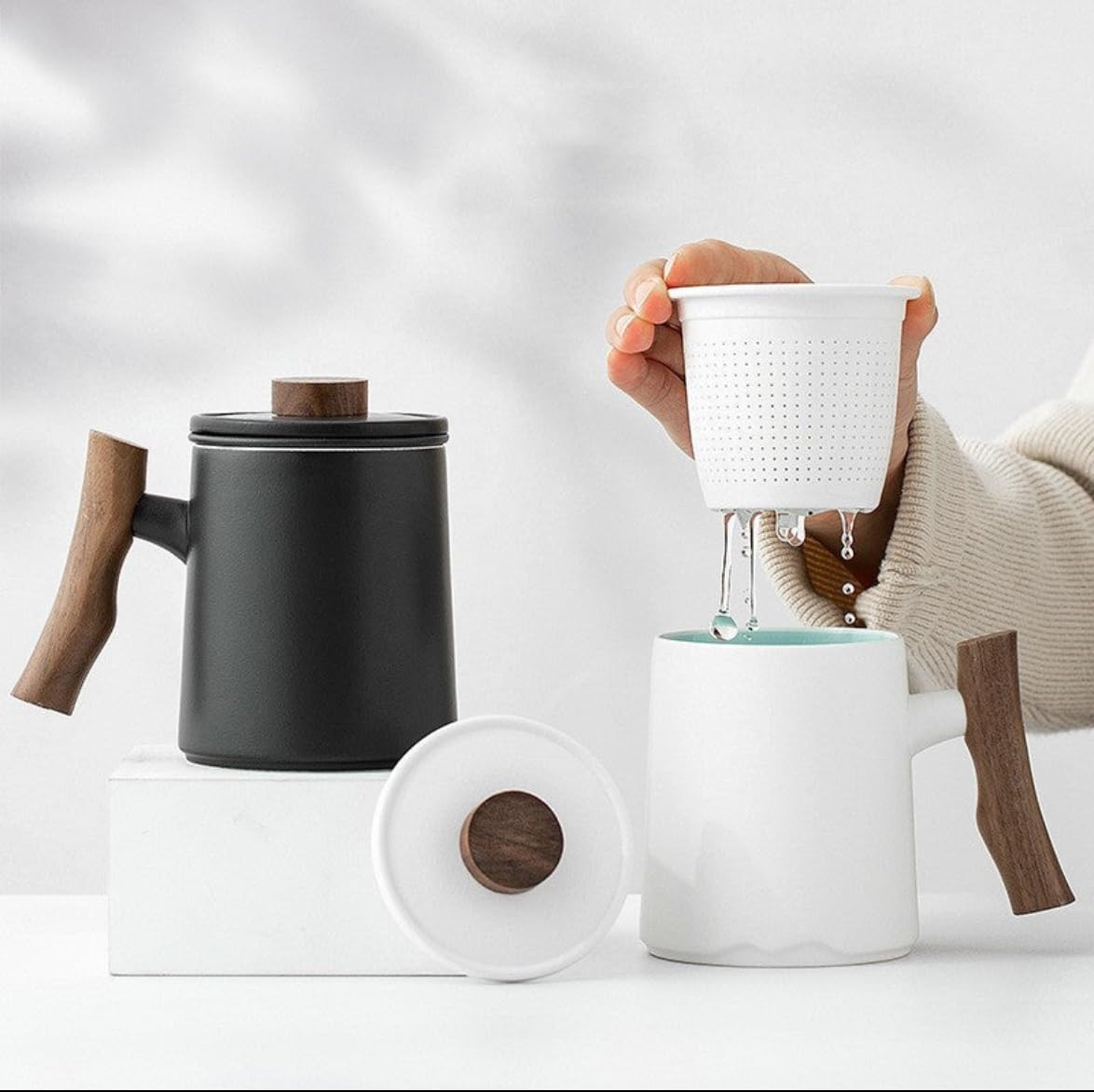 Matty's Garden White Ceramic Coffee Mug and Tea infuser - 12 oz with lid and steeper and wooden handle