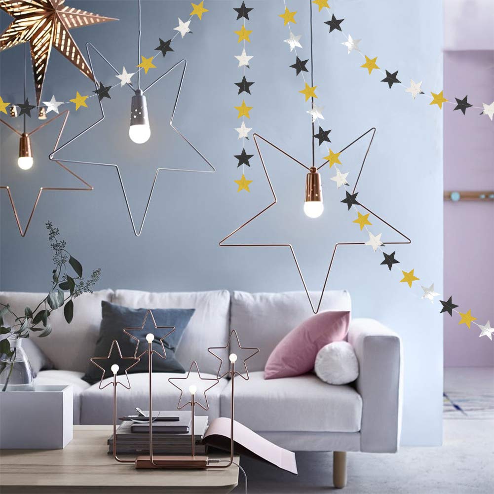 Decor365 Gold Black Star Garland Hanging Star Party DecorationsTwinkle Little Star Starry Night Galaxy Theme Graduation Birthday Bridal Shower Bachelorette NYE New Year’s Eve Party Backdrop Décor