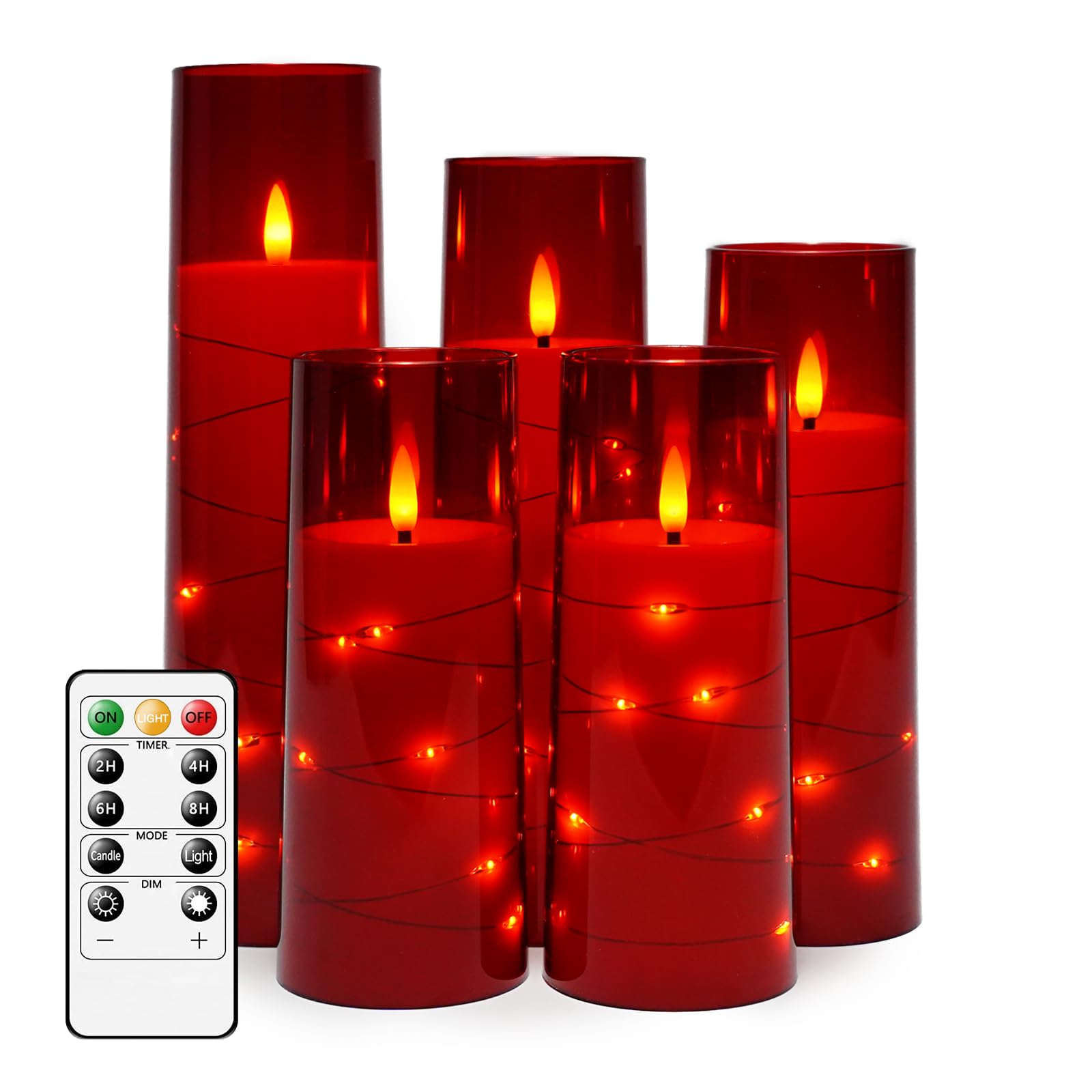 kakoya Flameless LED Candles with Timer 5 Pc Flickering Flameless Candles for Romantic Ambiance and Home Decoration Stable Acrylic Shell,with Embedded Star String，Battery Operated Candles（Red）