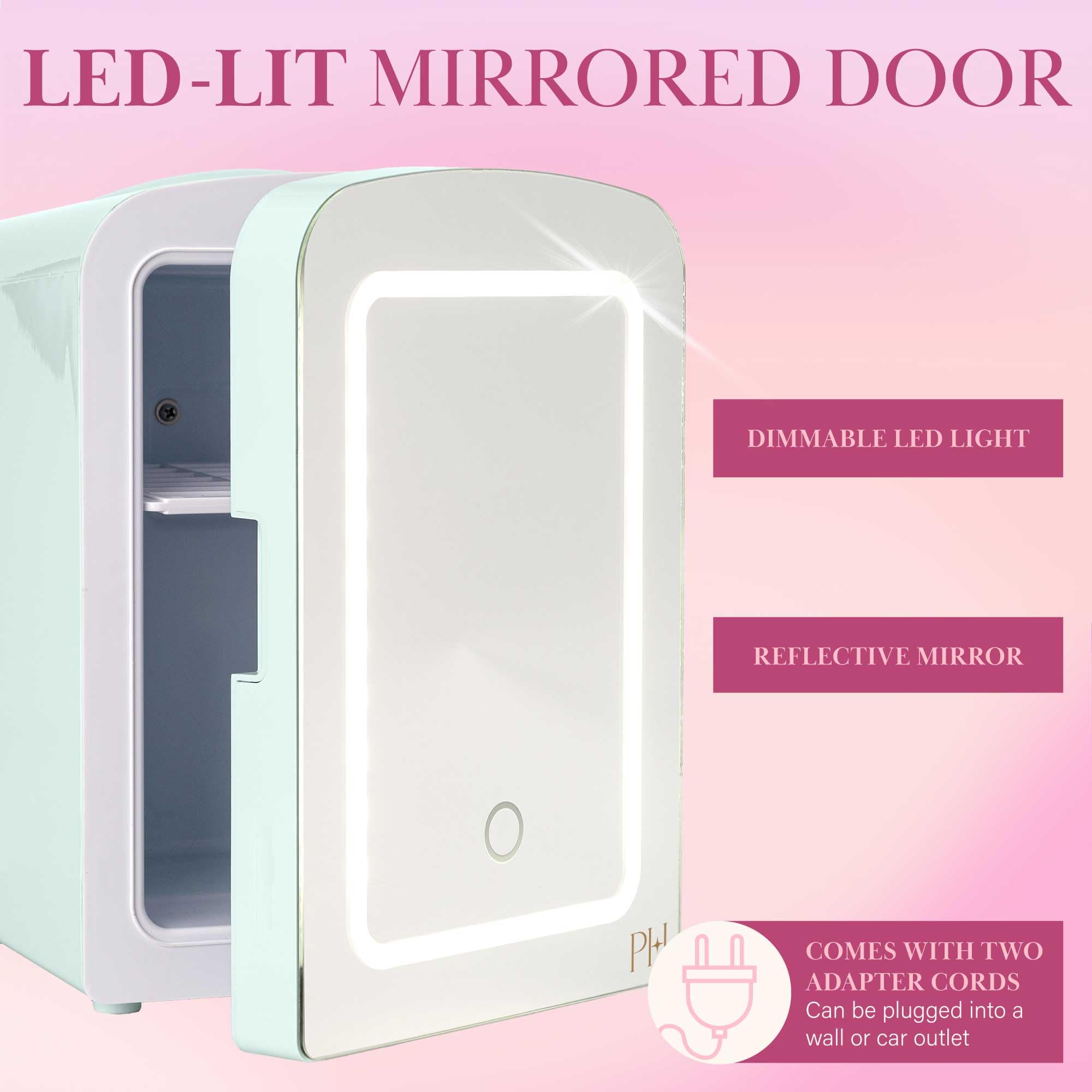 Paris Hilton Mini Refrigerator and Personal Beauty Fridge, Mirrored Door with Dimmable LED Light, Thermoelectric Cooling and Warming Function for All Cosmetics and Skincare Needs, 4-Liter, Aqua