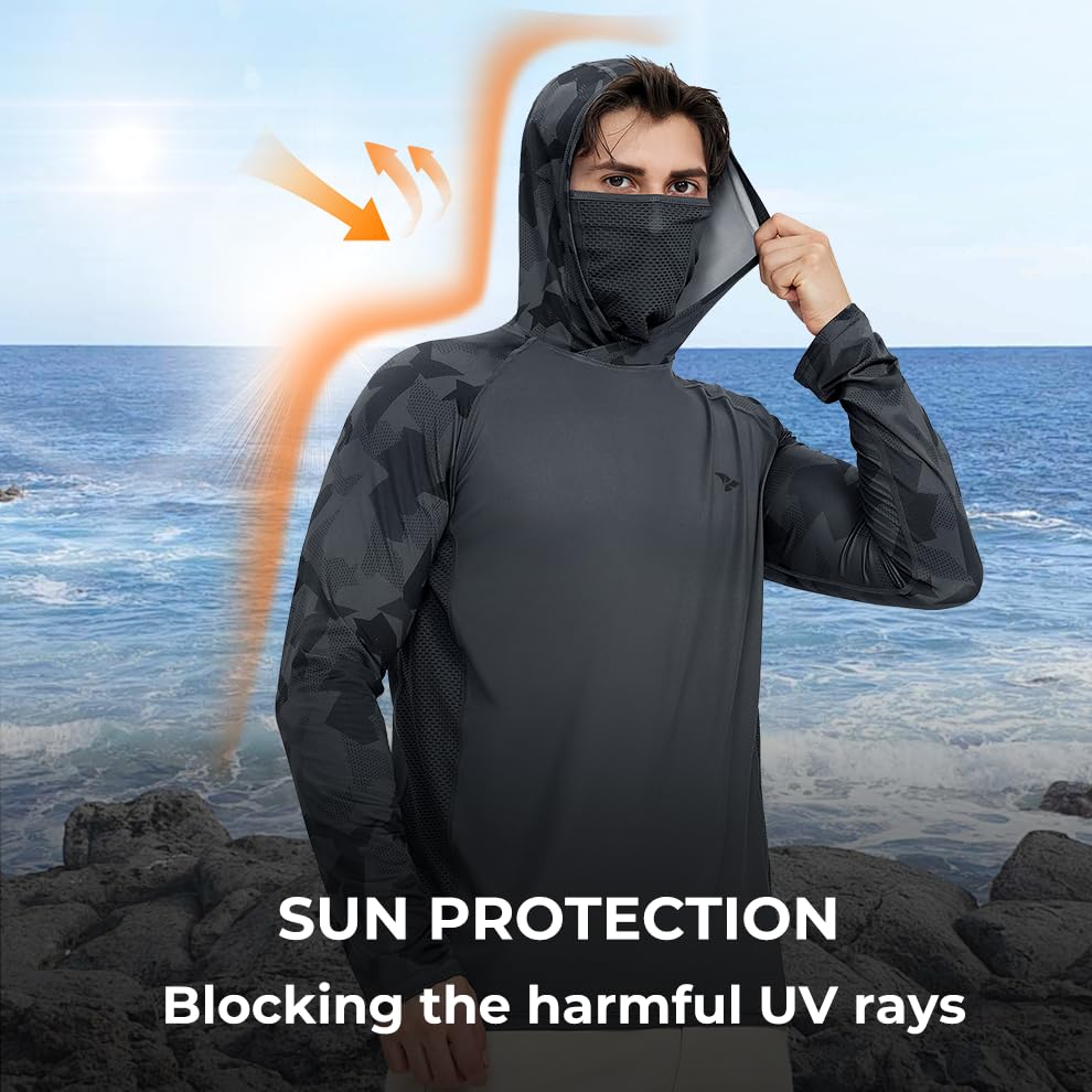 Rodeel UPF 50+ Men’s Long Sleeve Performance Fishing Hiking Shirt with Mask UV Neck Gaiter Hoodie