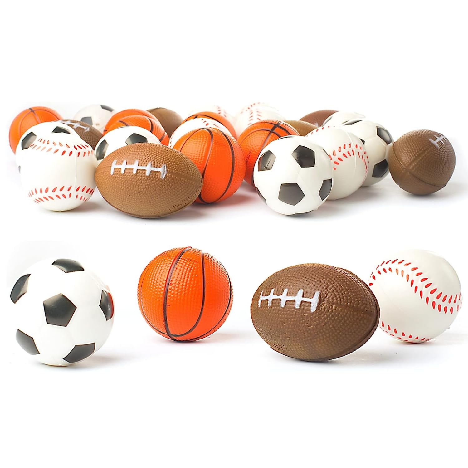 Set of 24 Sports 2.5" Stress Balls - Includes Soccer Ball, Basketball, Football, Baseball Squeeze Balls for Stress Relief, Party Favors, Ball Games and Prizes, Stocking Stuffers - Bulk 2 Dozen Balls