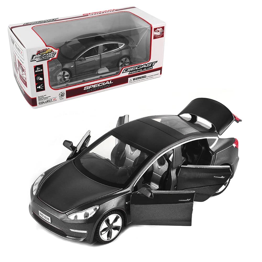 1:32 Scale Model 3 Car Toy Pull Back with Sound and Light, Alloy Diecast Mini Vehicles Toys for Kids Gift or Tesla Car Model Collection Enthusiasts Gift (Noble Black)