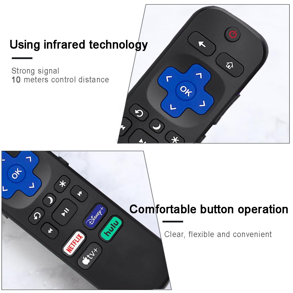New Replacement for Roku-TV-Remote, Roku Remote Control for TCL Roku/Hisense/Onn Roku/Sharp Series Smart TVs (Not for Roku Stick and Box), with 4 Shortcuts Netflix/Disney/Hulu/Apple TV(2 Bateries)