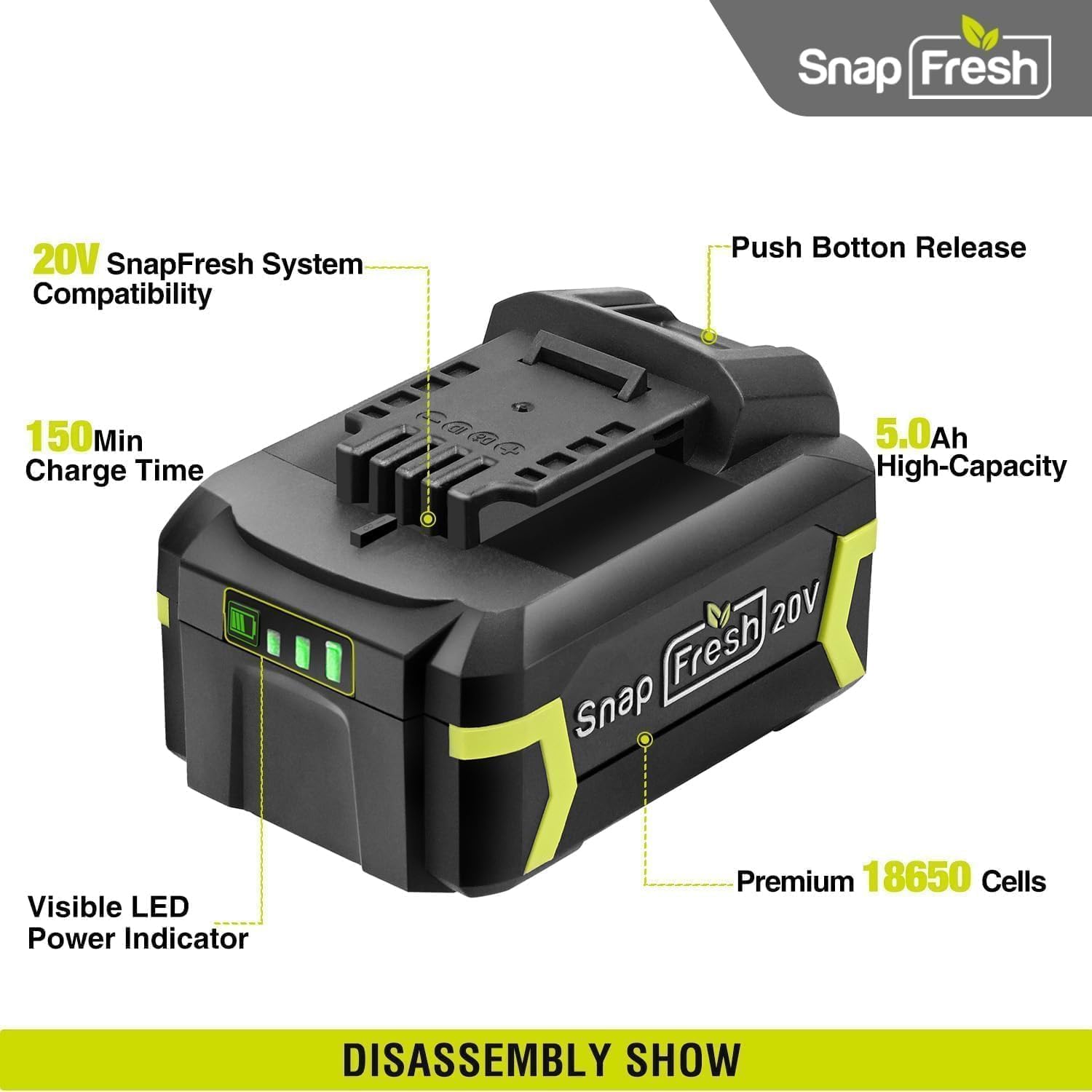 SnapFresh 20V 5.0Ah Li-ion Battery, (Not Compatible with Other Brands), Lithium-Ion Battery Support Fast Charging(BBT-DC50A)
