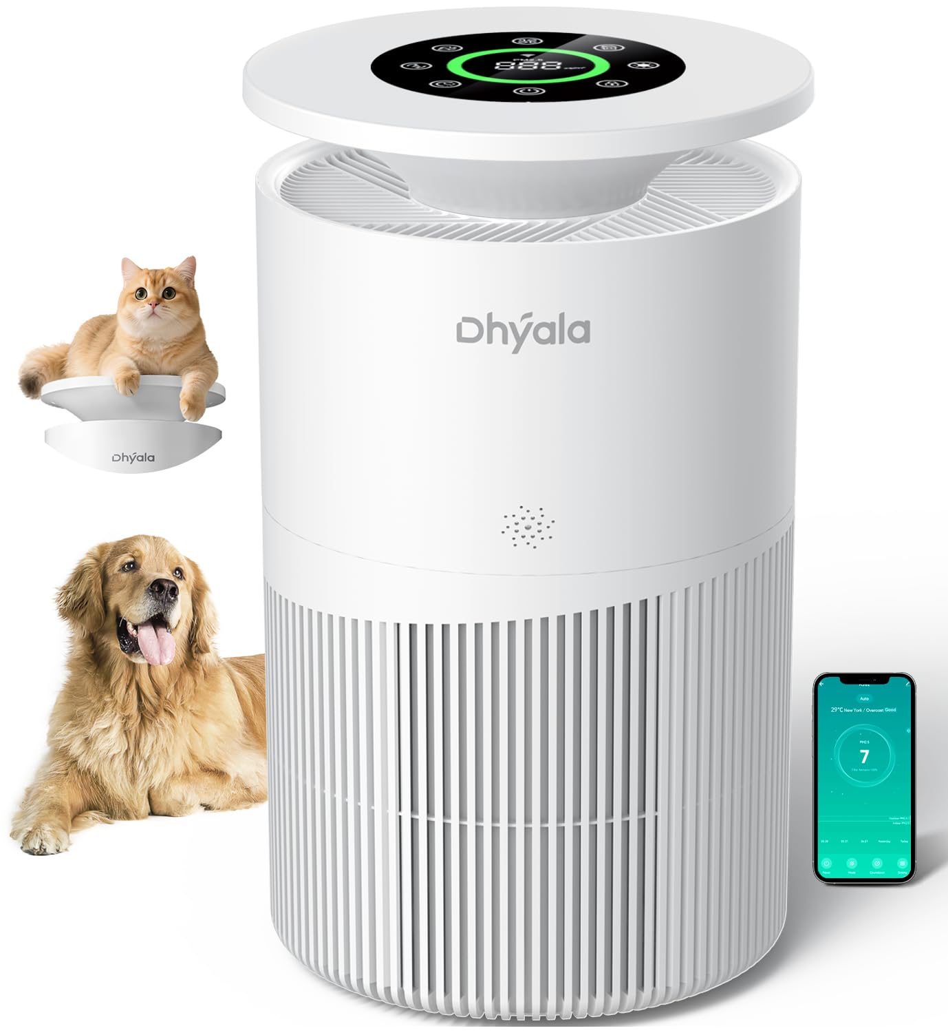 Dhyala Air Purifier for Home Large Room up to 3620Ft², H13 True HEPA Air Purifiers for Home Pet Hair Dander Odor Pollen, Air Cleaner with Smart WiFi, 360° Air Intake, Auto Mode, Pet Lock, 22dB Quiet