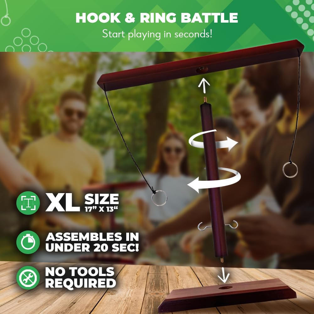 SWOOC Games - Battle Hooks XL Hook and Ring Game with Ladder - 5+ Games Included - 20 Second Set Up - Hook and Ring Toss Game for Adults - Wooden Ring Hook Tossing Game - Tabletop Ring Hook Game