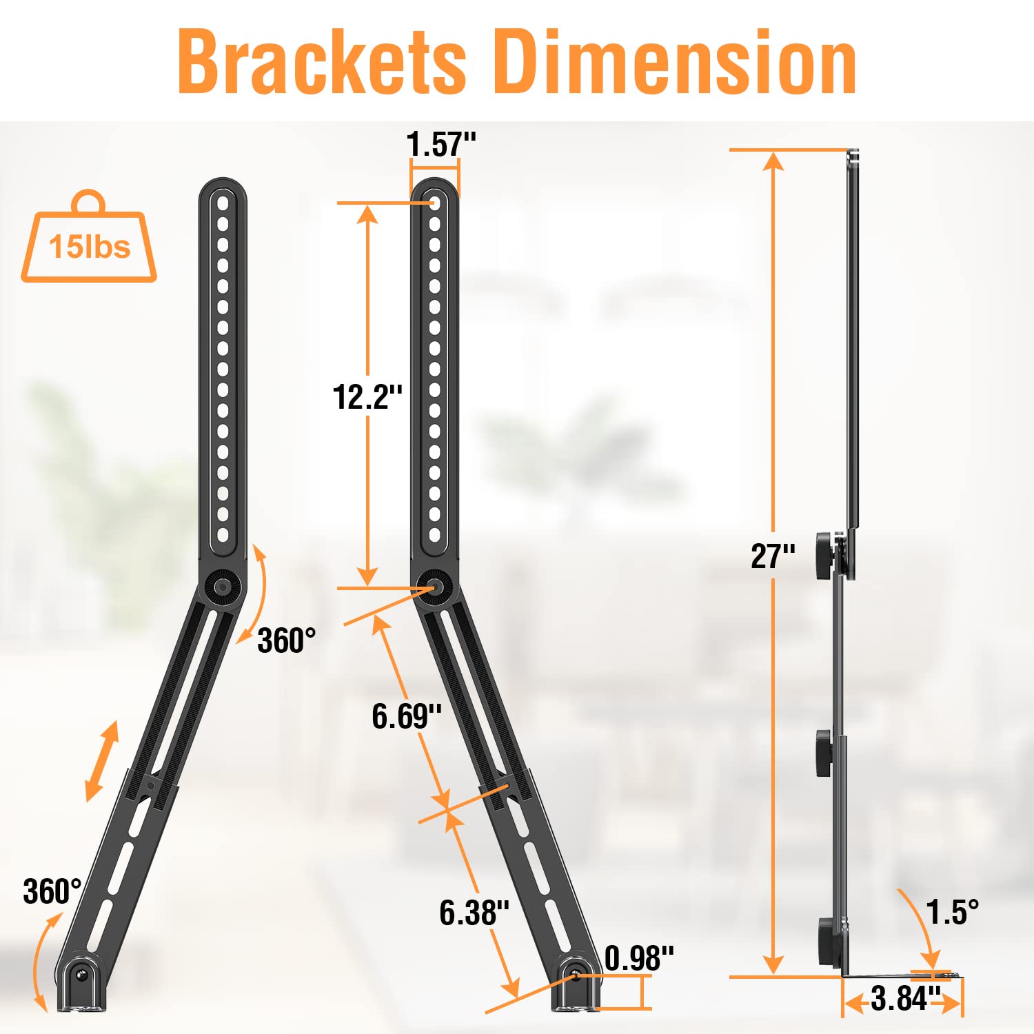 ELIVED Soundbar Mount, Sound Bar TV Bracket, for Mounting Above or Under TV, Fits Most Sound Bars Up to 15 Lbs, Tool-Free Knob Adjustable, for 23-90" TVs with Detachable Extension Arms and L-Brackets