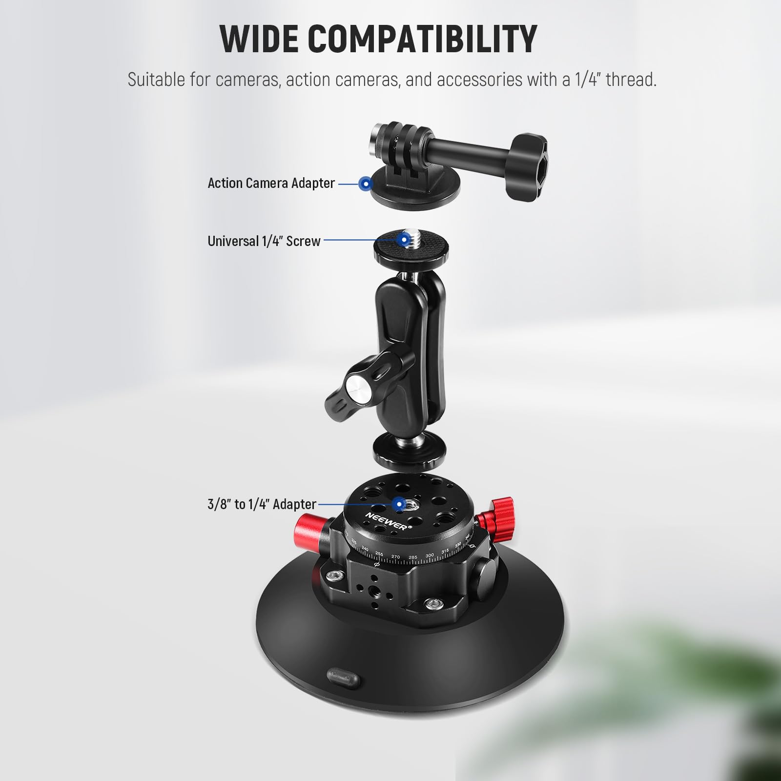 Neewer 6" Suction Cup Camera Mount with Ball Head Magic Arm, 2 Pack Metal Car Mount for Camera/Action Camera/Phone, Air Pump Vacuum on Car or Window Glass with 1/4" 3/8" ARRI Mounting Holes, CA013