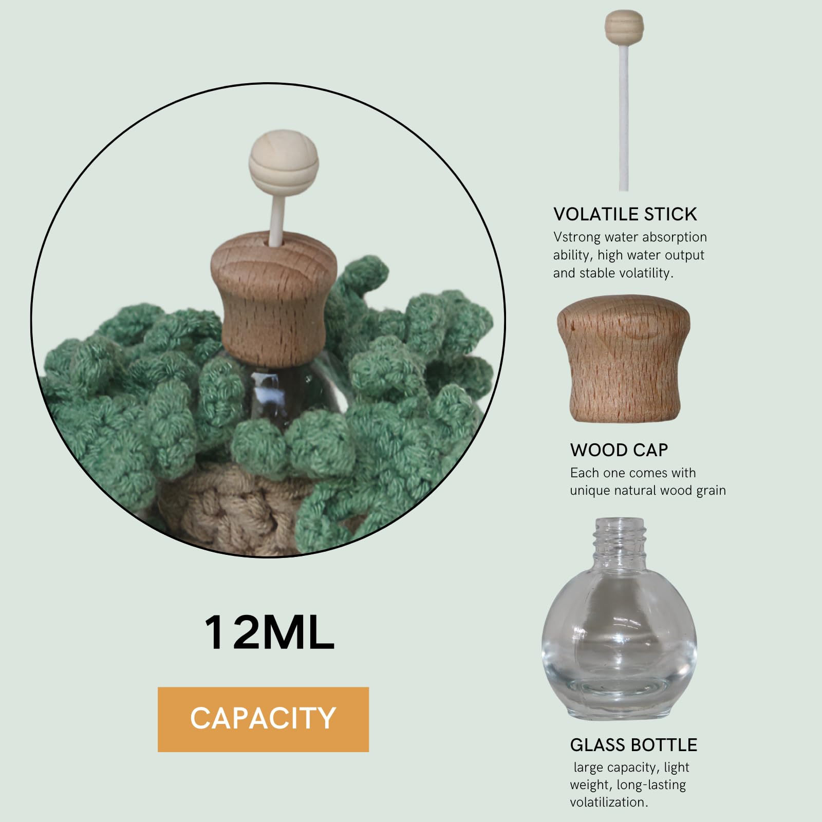 Crochet Car Air Freshener，12ml Empty Refillable Car Diffuser Bottle with Cute Potted Plants Car Mirror Hanging Accessories Car Air Hanging Fragrance Oil Diffuser,Long Lasting Car Diffuser Bottle