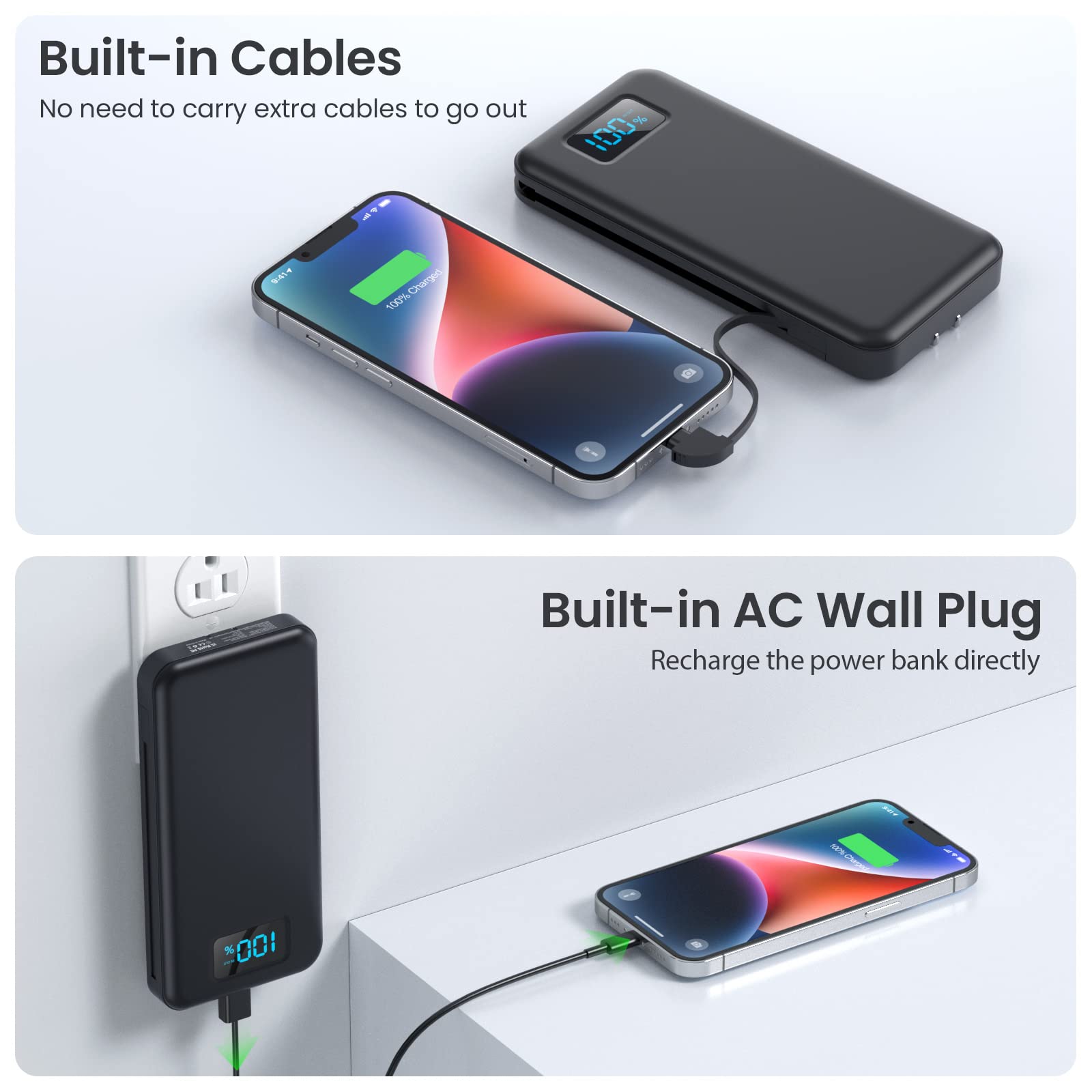 Portable Charger with Built-in Cables & AC Wall Plug,Upgraded 13800mAh USB-C Power Bank, 4 Output LCD Display External Battery Pack Phone Charger Compatible with iPhone 16/15/14/13 Samsung Android etc