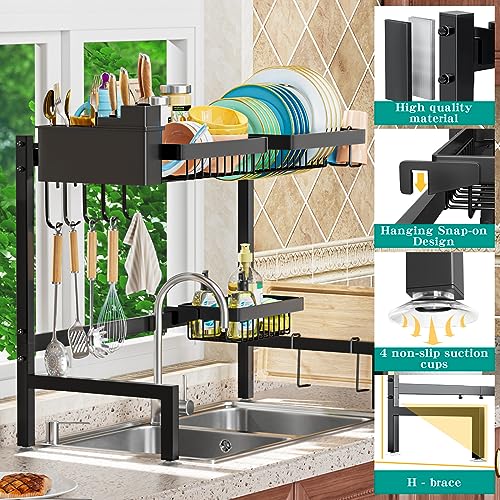 YKLSLH Over The Sink Dish Drying Rack 2 Tiers, for All Sinks (24.8"-35.4"),Expandable Large Capacity Sink Rack, Metal Drying Rack for Kitchen and Family Use