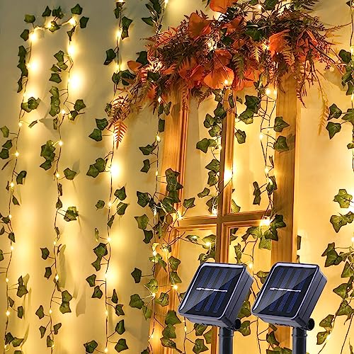 Brizled 2 Pack 33ft 100 LED Solar Fairy Lights with Artificial Ivy Leaves, Solar Plant Vine Lights, Outdoor Vine String Lights, Hanging Ivy Lights for Camping Party Garden Yard Fences Walls Windows