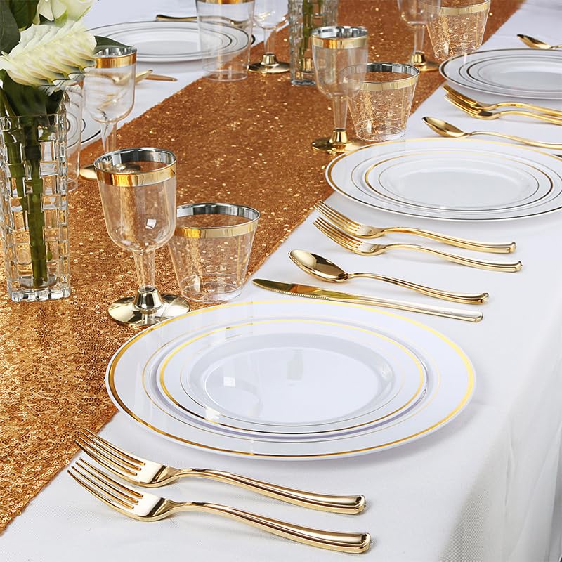 350 Piece MCIRCO Gold Dinnerware Set - 100 Gold Rim Plastic Plates - 50 Gold Plastic Silverware - 50 Gold Plastic Cups - 50 Gold Paper Napkins, 50 Guest Disposable Gold Dinnerware Set