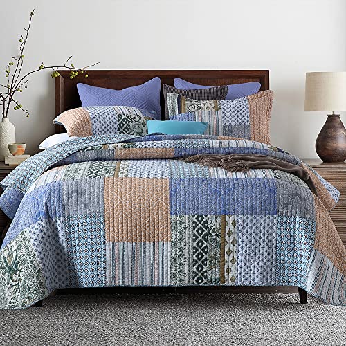 Autumn Dream Cotton Bedspread Quilt Sets Reversible Bedding Coverlet Sets Comforter, Bohemian Paisley Patchwork Blue Bedspread, Queen Size