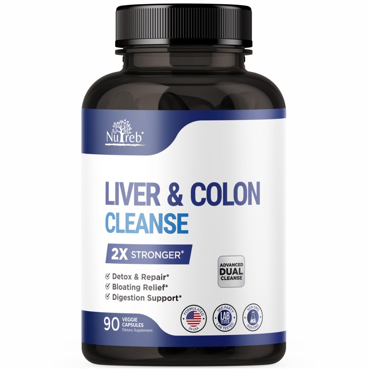 Nutreb Liver Detox & Colon Cleanse - 2X Stronger Cleanse - Liver Cleanse Detox & Repair - Colon Cleanser & Detox - Premium Liver Support Supplement - Men & Women - Vegan 90 Capsules