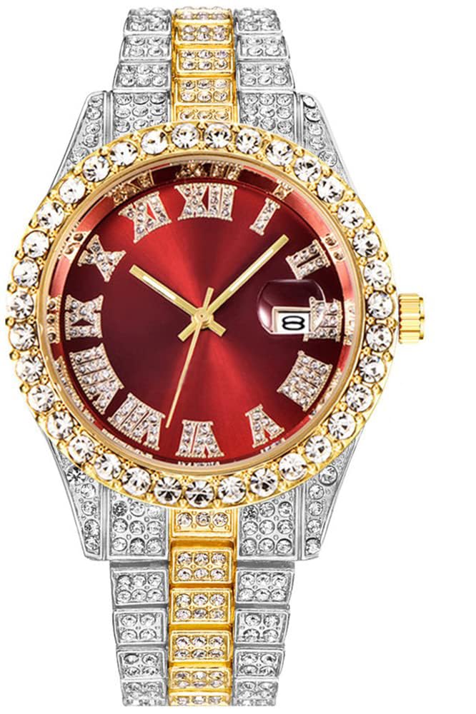 BESTKANG Unisex Luxury Iced Out Watch Mens Diamond Watches Roman Numerals Watches Quartz Analog Wrist Watch (Two Tone red)