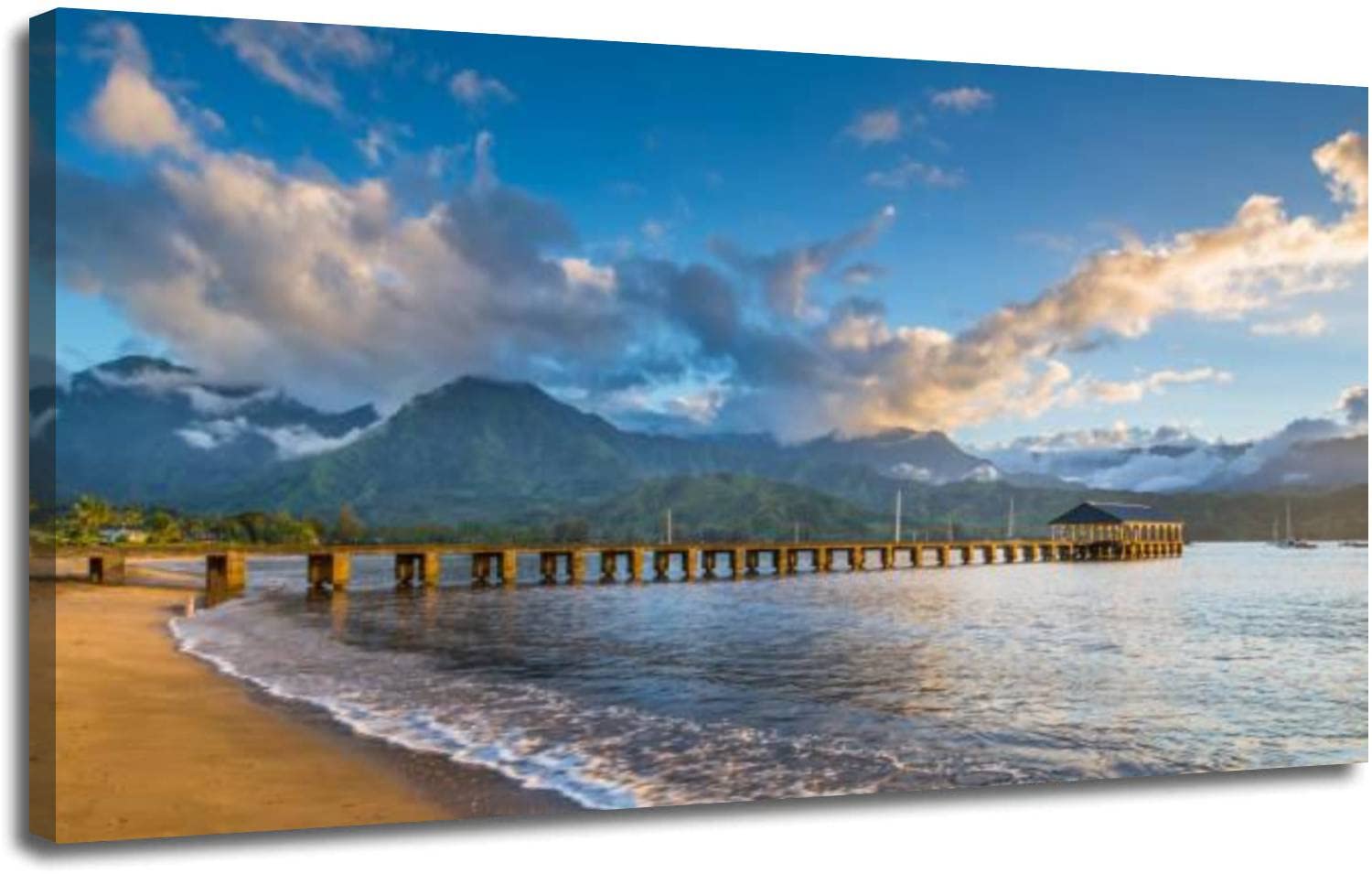 Canvas Wall Art Decor Hanalei Beach at Hanalei Bay Kauai Hawaii Print Pictures Poster Artwork Framed Paintings for Living Room Large Size Bathroom Bedroom Decorations