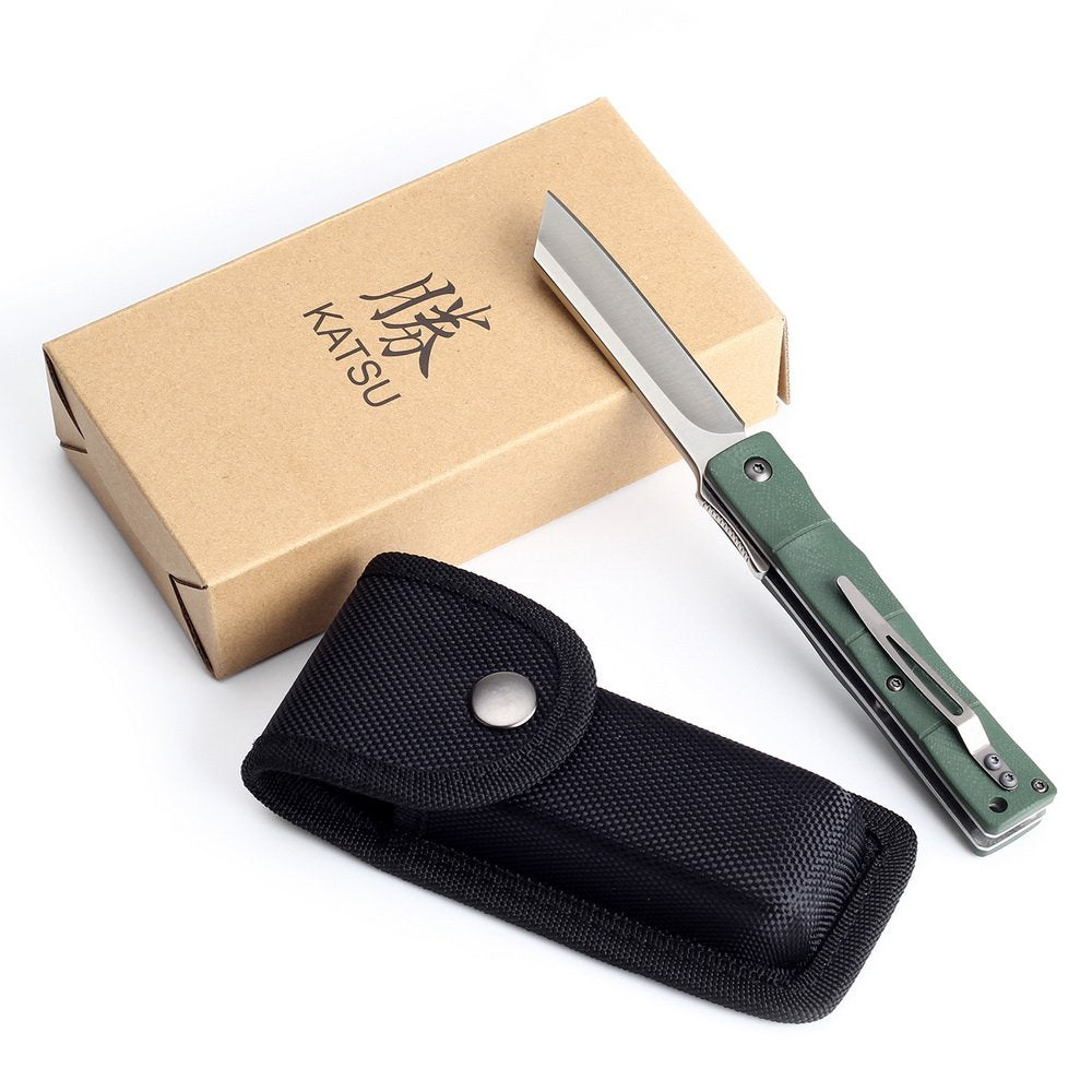 KATSU Handmade D2 Steel Blade G10 Handle Bamboo Style Japanese Razor Pocket Folding Knife with Pocket Clip