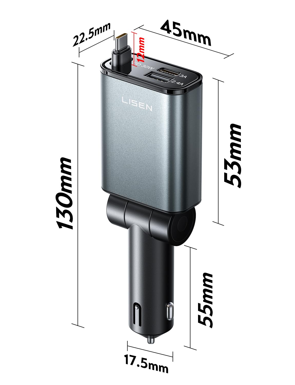 LISEN for Car Charger USB C Fast Charge fit iPhone 17 Pro Max Air, [Ultra-Mini, 60% Less Space] 57W Type C Retractable Car Phone Charger Adapter for iPhone 16e 16 15 Samsung S25 S24 Pixel Android
