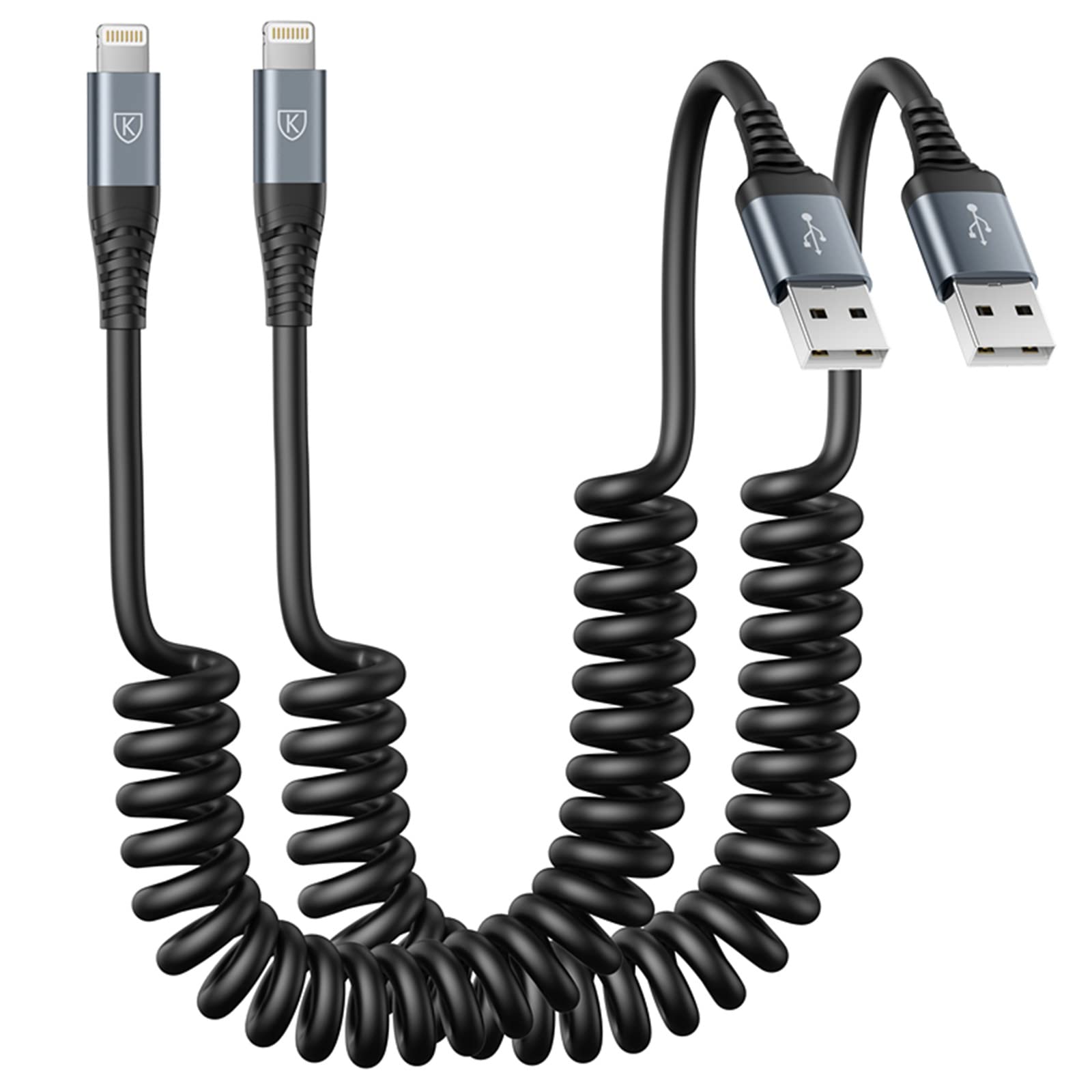 Coiled Lightning Cable, iPhone Charger Cable 3FT for Car, 2 Pack [Apple MFi Certified] 3 Feet Lightning Cord Compatible with iPhone14/13/12/11 Pro Max/XS MAX/XR/XS/X/8/7/Plus/6S iPad/iPod- Black