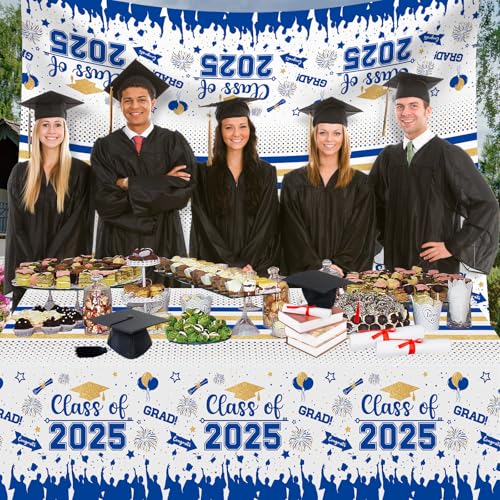 Graduation Decorations Class of 2025 Tablecloth - 3 Pcs Plastic Congrats Grad Table Cloth, Graduation Table Cover for Graduations Party Decorations 2025 and Party Supplies, 54"x108" (Blue and Gold)