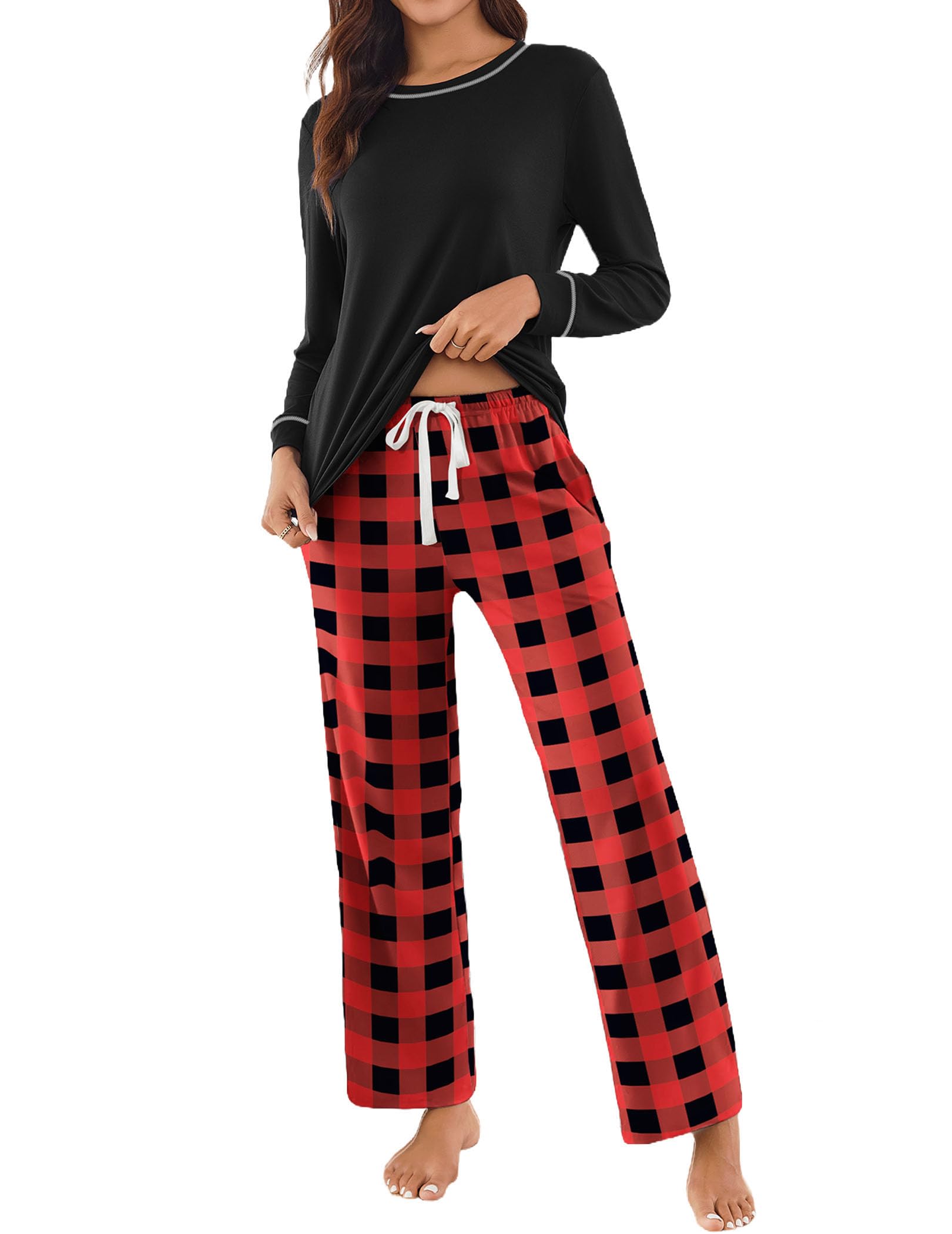 Ekouaer Womens Pajama Set 2 Piece Long Sleeve PJs with Plaid Pants Drawstring Elastic Waist Sleepwear Lounge Set Black and Red Plaid M