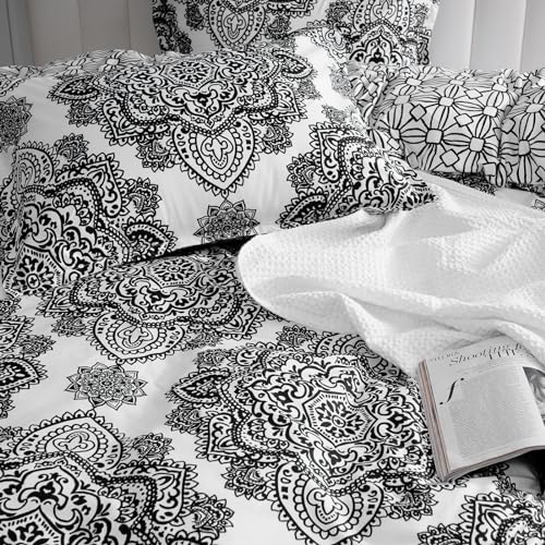 PHF Ultra Soft Boho Duvet Cover Twin Size, Printed Bedding Set 2 Pieces, Comfy Farmhouse Pattern Duvet Cover Set with 1 Pillow Shams, Zipper Closure and 6 Ties, 68"x90", Black & White