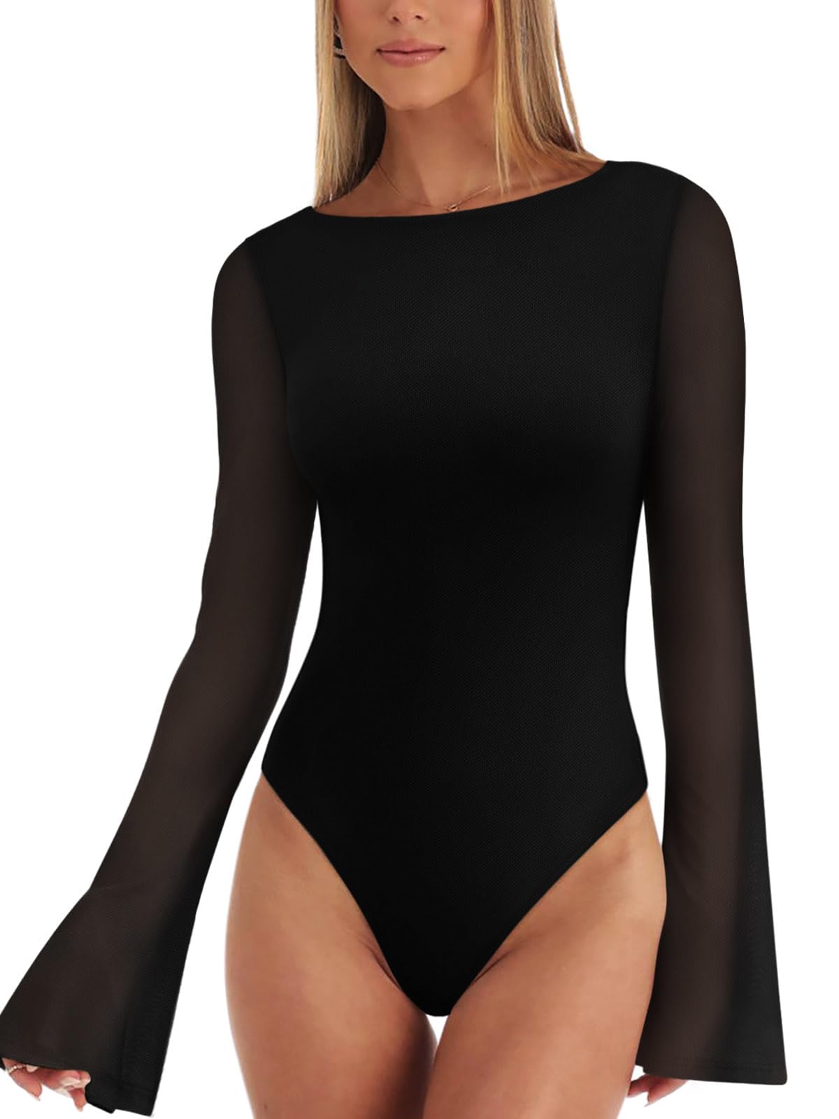REORIA Women's Fall Trendy Sexy Boat Neck Long Sleeve Sheer Mesh Slimming Going Out Bodysuit Tops For Vacation Black Large-