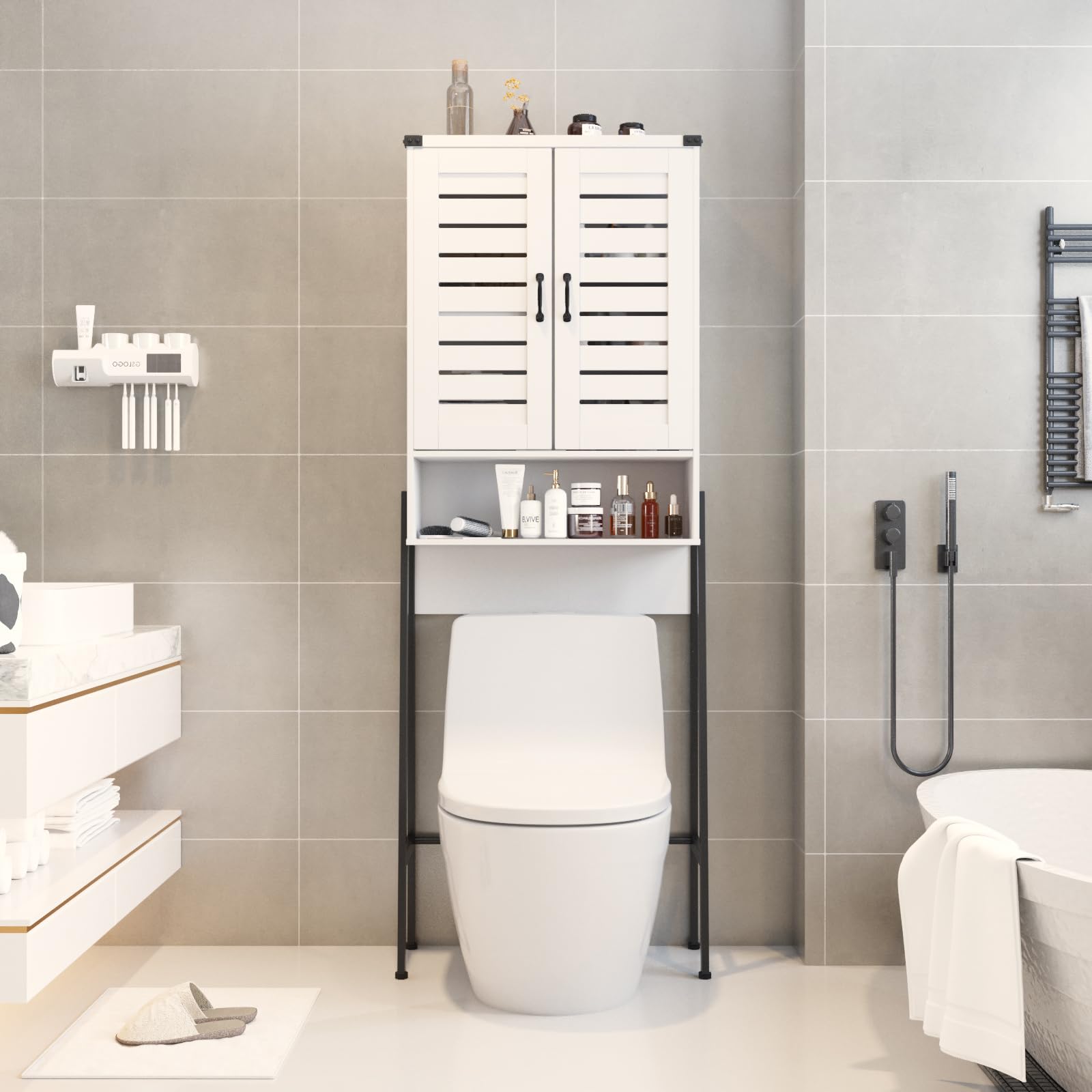 Saedew Over Toilet Storage Cabinet with 2-Door Blinds, Freestanding Space Saver with Organizer, White