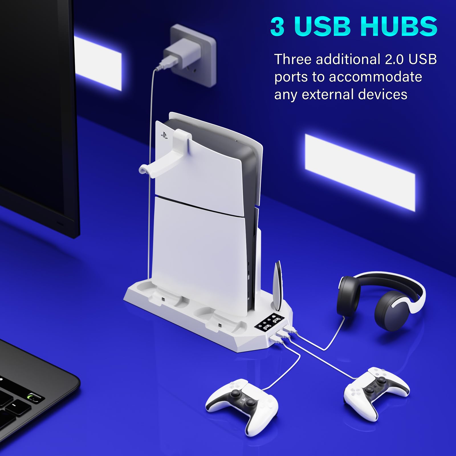 Cooling Stand Compatible with PS5, Cooling Station for PS5 & PS5 Slim Console Disc/Digital Edition, Charging Station with Dual Controller Charger, 3 Levels Cooling Fan, 3 USB Hubs & Headset Holder