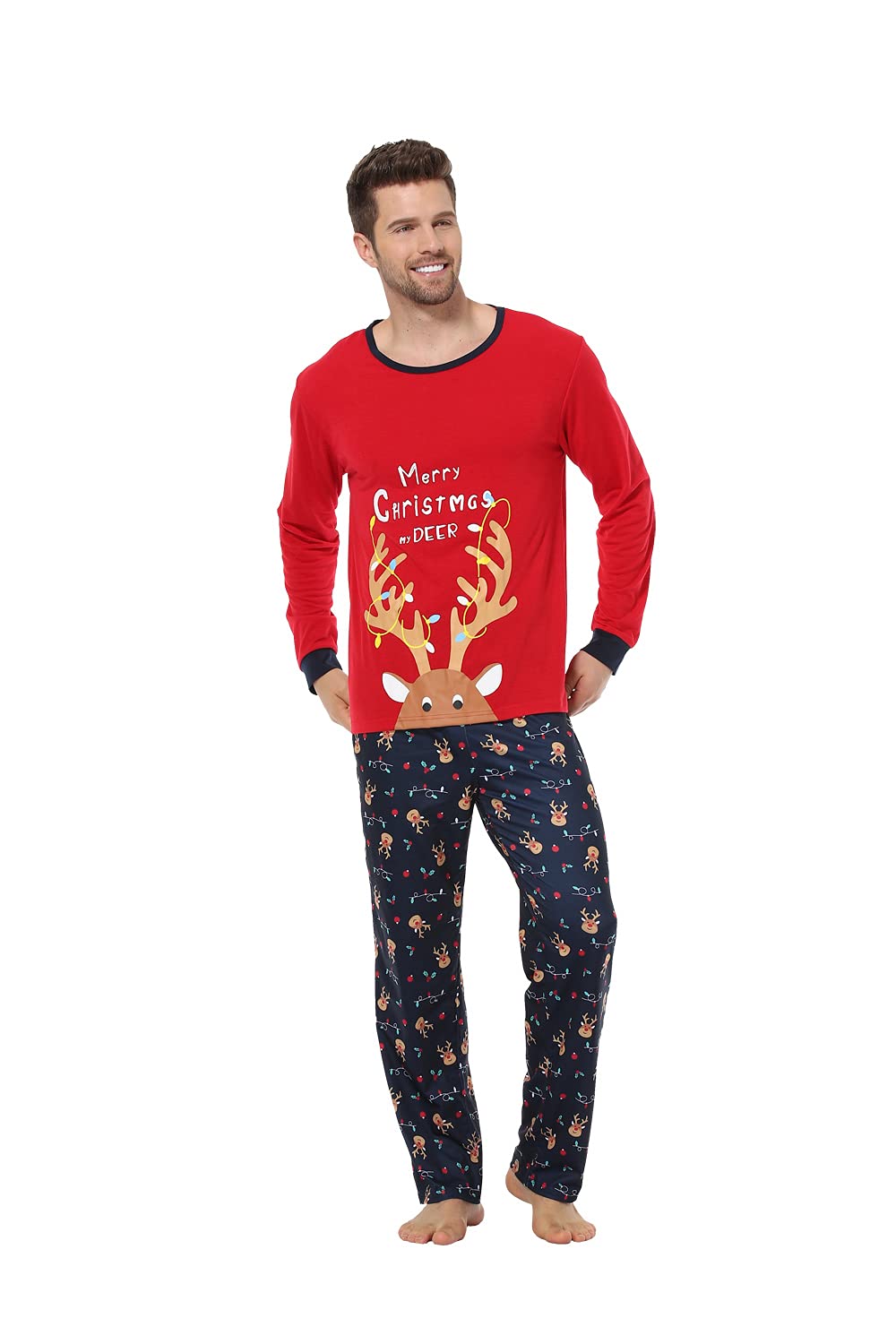 VENTELAN Matching Family Christmas Pajamas Set Soft Holiday Sleepwear Deer Xmas PJS Set for Couples Women Men