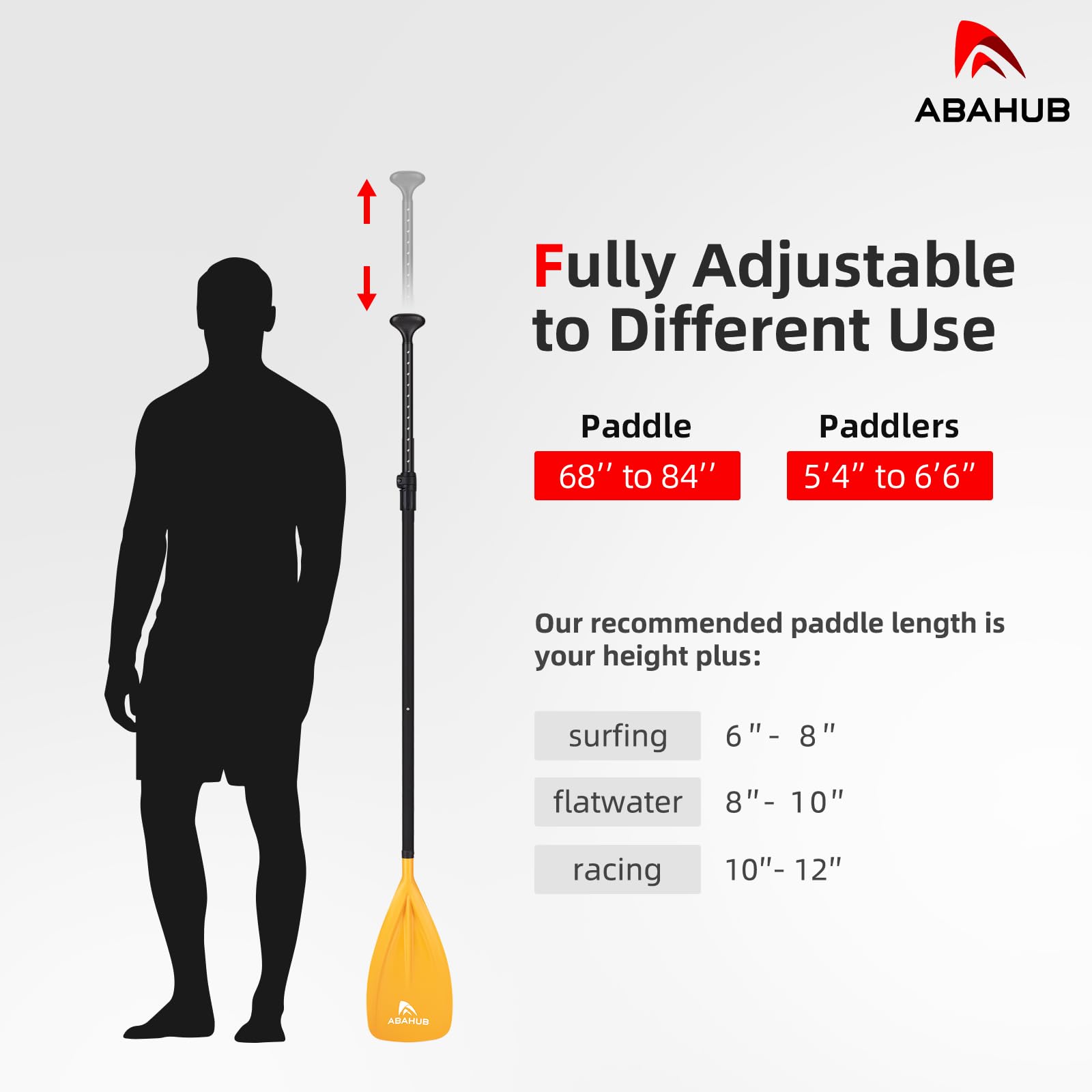 Abahub SUP Paddles - 3 Piece Adjustable Stand up Paddle - Lightweight Oar for Paddleboard, Adjustable Aluminum Alloy PU Coated Shaft 68" - 84", Yellow Plastic Nylon Blade