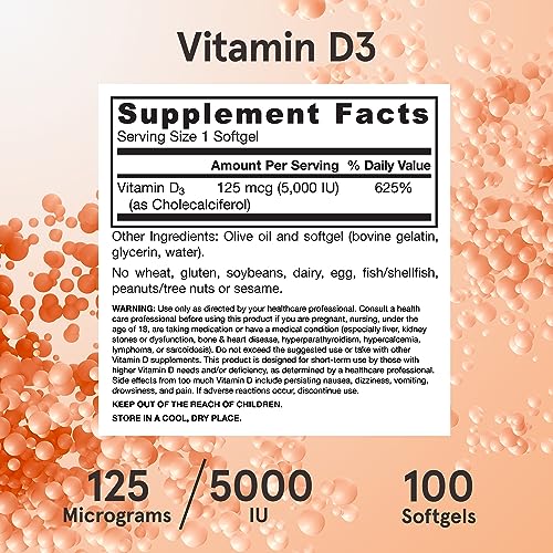 Jarrow Formulas Vitamin D3 125 mcg (5000 IU) - 100 Servings (Softgels) - Bone Health, Immune Support & Calcium Metabolism Support - Vitamin D Supplement - D3 Vitamins - 5000 IU Vitamin D - Gluten Free