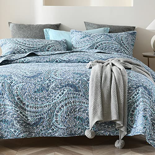 ENASAL Cotton Bedspread Quilt Sets, Reversible Bedding Coverlet Sets Comforter, Floral Paisley Bedspread (Blue, Queen Size)