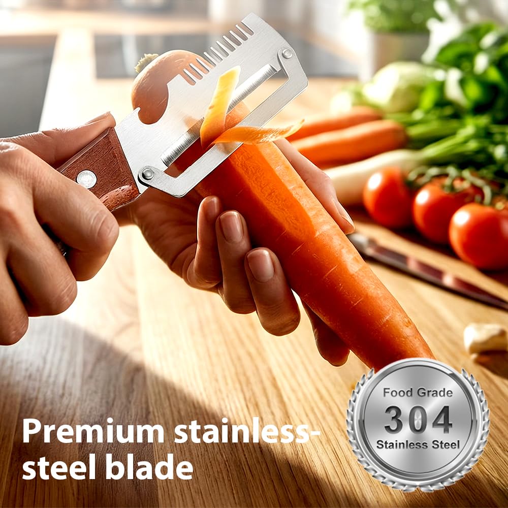 Multi-functional Vegetable Peeler for Kitchen, 2026 New Stainless Steel Peeler with Wooden Handle and Bottle Opener, Fruit and Vegetable Peeler Kitchen Tool for Fruit Veggie Pumpkin (2PCS)