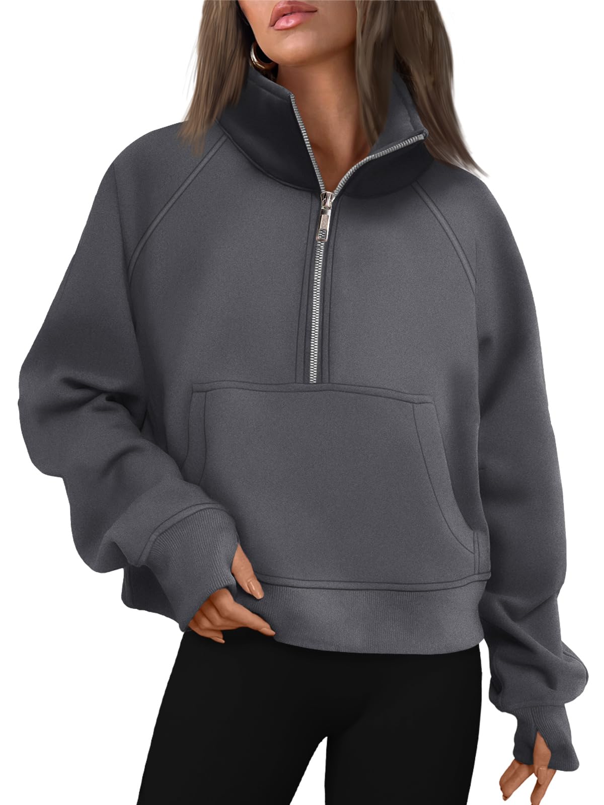 AUTOMET Womens Sweatshirts Half Zip Cropped Pullover Fleece Quarter Zipper Hoodies 2024 Fall Fashion Outfits Clothes DarkDrey Small