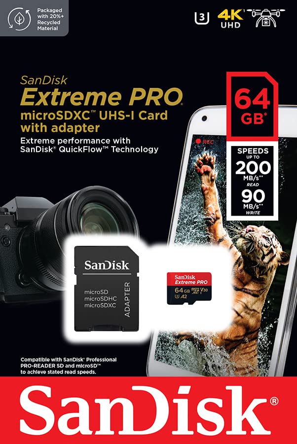 SanDisk 64GB Extreme PRO microSDXC Card + SD Adapter + RescuePro Deluxe, up to 200 MB/s, with A2 App Performance, for Smartphones, Action Cameras or Drones UHS-I Class 10 U3 V30