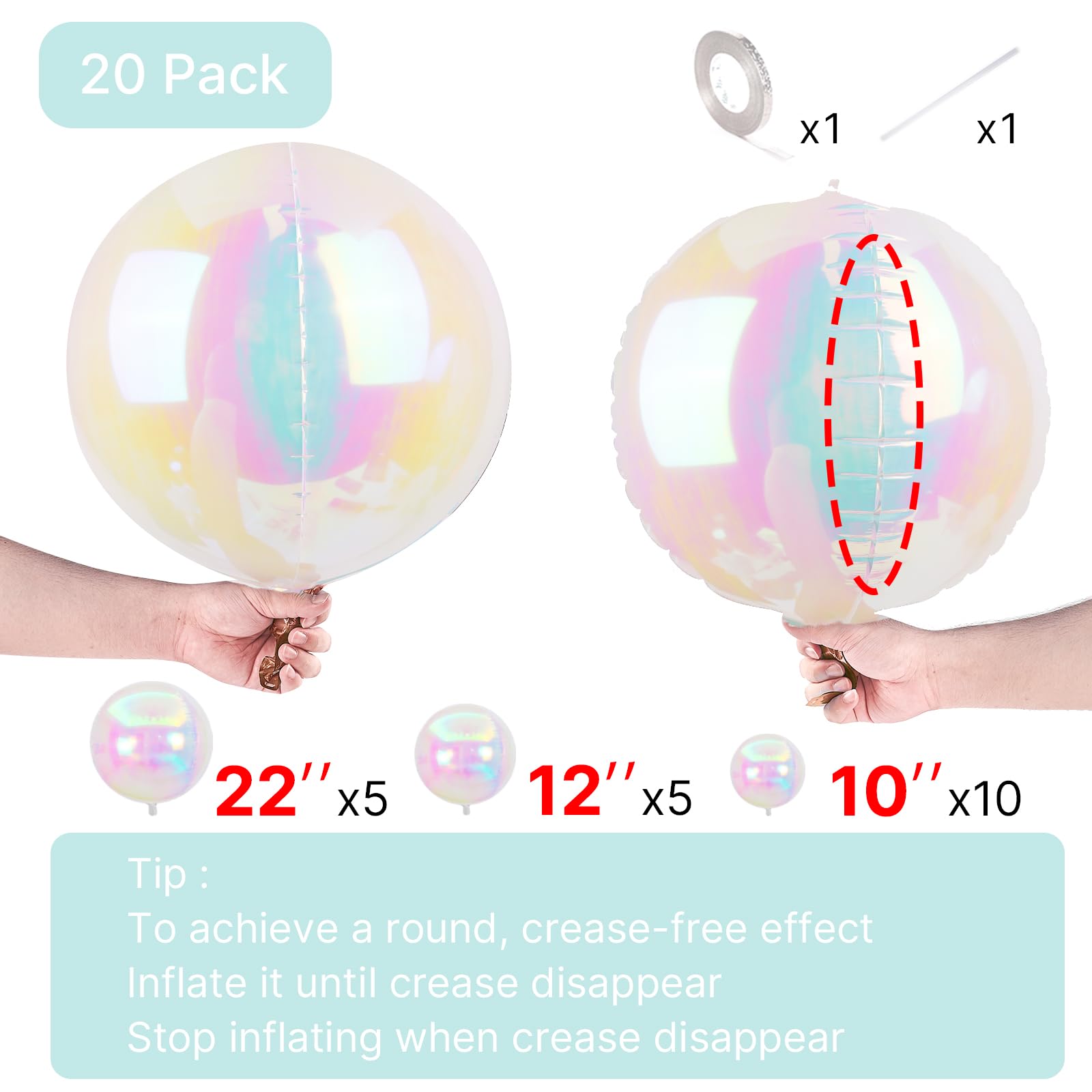 PartyWoo Iridescent Foil Balloons 20pcs Different Sizes Pack of 22 12 10 Inch Large Round Foil Orbz 4D Inflatable Mirror Ball Mylar Balloons for Wedding Anniversary Birthday Disco Party Decorations