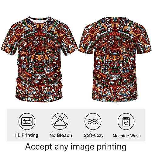 ARORALS Men's Aztec T-Shirt with Mayan Calendar Design Mexican Themed Printed Tee,Brown,M