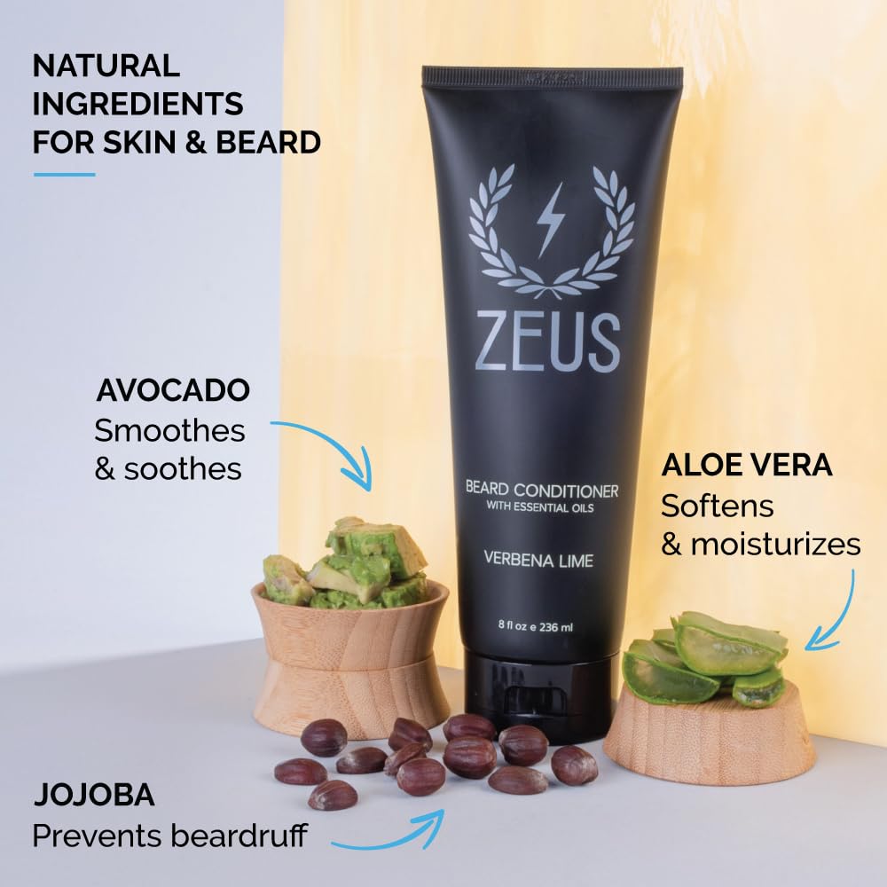 ZEUS Beard Conditioner Wash, Cleansing & Moisturizing Beard Wash with Green Tea & Natural Ingredients to Soften Beard – 8 oz. (Made in USA) Verbena Lime