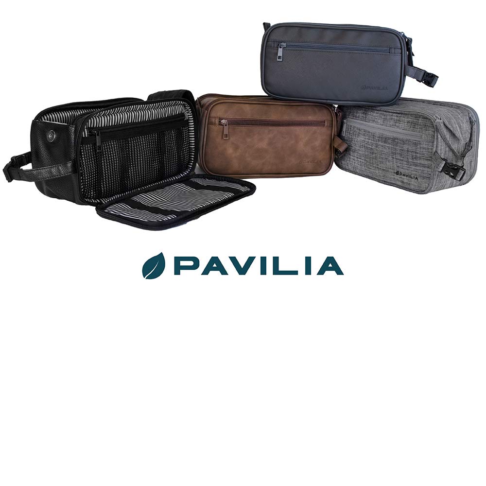 PAVILIA Toiletry Bag for Men, Travel Essentials Shaving Dopp Kit, Mens Travel Bag Toiletries Organizer Case for Grooming, PU Leather Water Resistant Cosmetic Bag Pouch (Dark Brown)