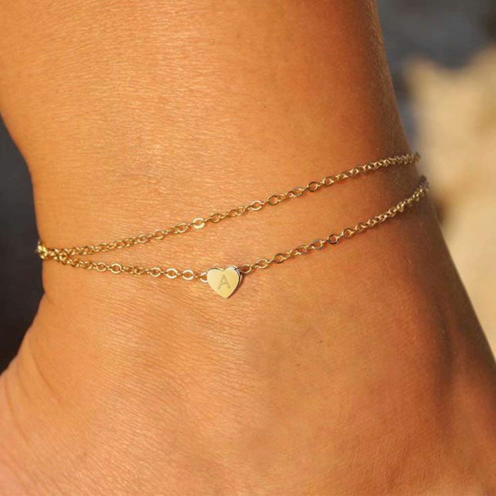 Turandoss Ankle Bracelets for Women with Initial, 14K Gold Filled Handmade Dainty Layered Anklet Letter Initial Heart Ankle Bracelets for Women Beach Jewelry Gifts Anklet with Initials I